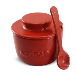 Keramikas cukurtrauks ar vāku un karoti, burciņa ievārījumam vai medum, tilpums 350 ml, sarkanā krāsā